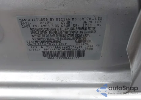 2024 Nissan Versa 1.6 S from USA, damaged, VIN 3N1CN8DV4RL865799